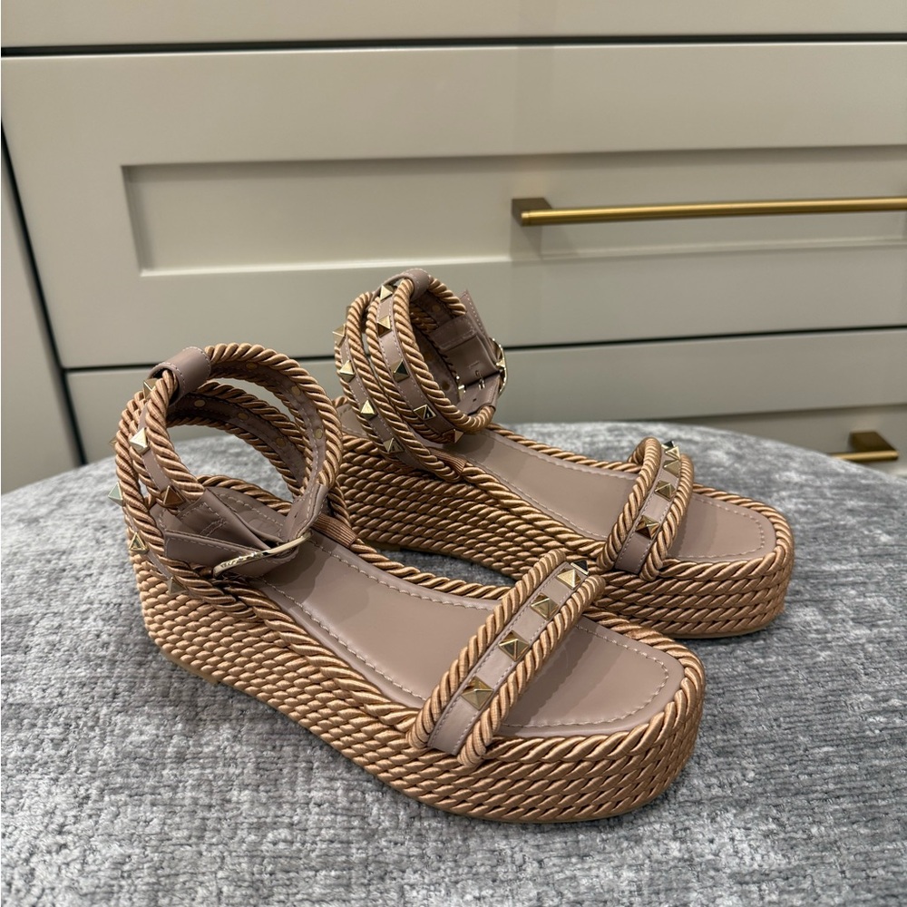Valentino Garavani Beige Rope Platform Wedge Sandals